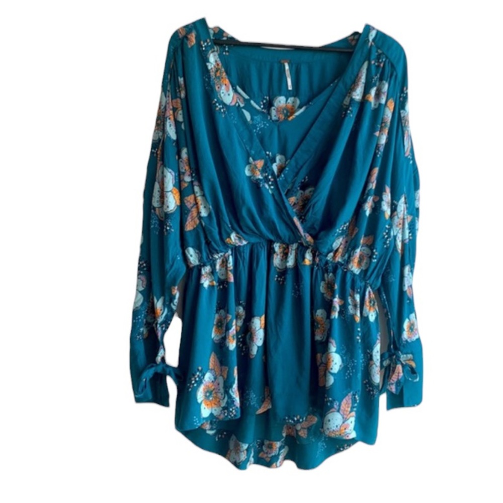 Free People Blouse Floral Top Turquoise Blue Medium Tuscan Peasant Boho Printed